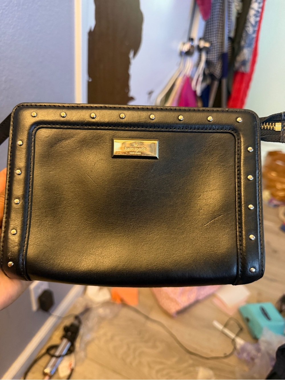 kate spade Black Leather Studded Shoulder Bag with Gold Plaque